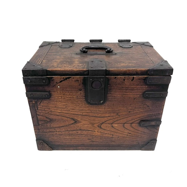 Antique Japanese Kakesuzuri wooden box with iron carrying handle