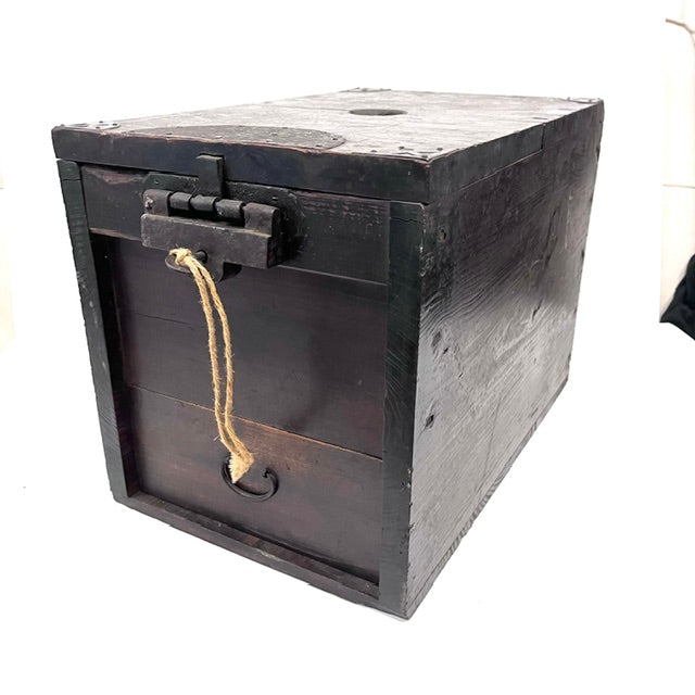 Antique Japanese Zenibako cash box with original iron hardware and key