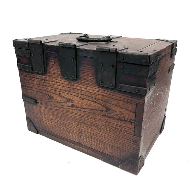 Antique Japanese writing box with iron fittings from the back