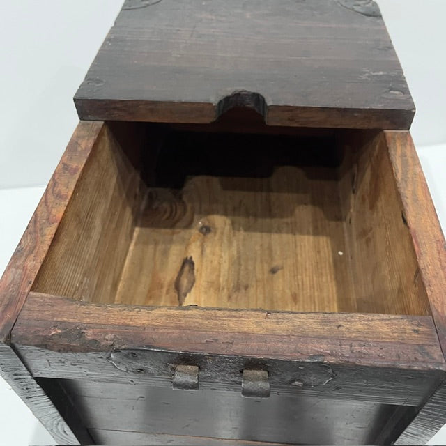 Open Antique Japanese Zenibako cash box in dark wood