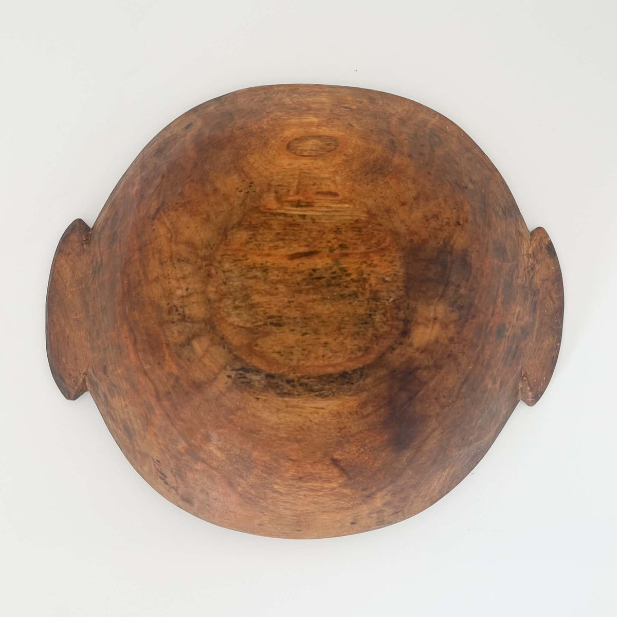 Antique round wooden dough bowl measuring 26cm, handcrafted from solid wood with 3cm handles, ideal for decorative display or storage