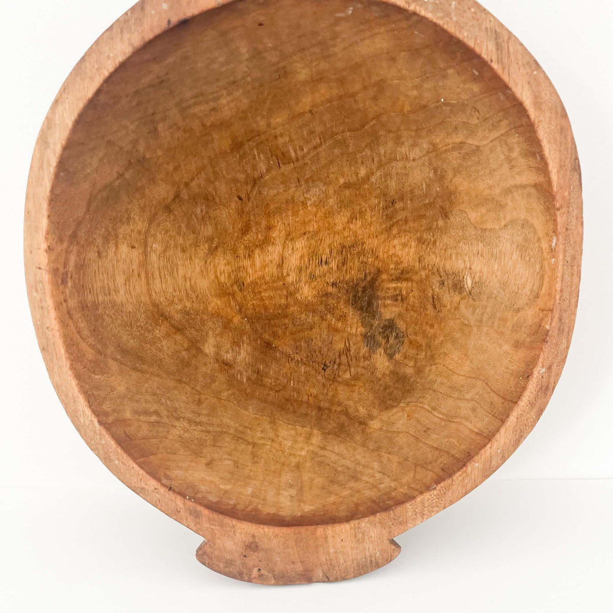 Antique solid wood dough bowl with a naturally weathered brown finish, perfect for rustic farmhouse, Scandinavian or coastal interiors