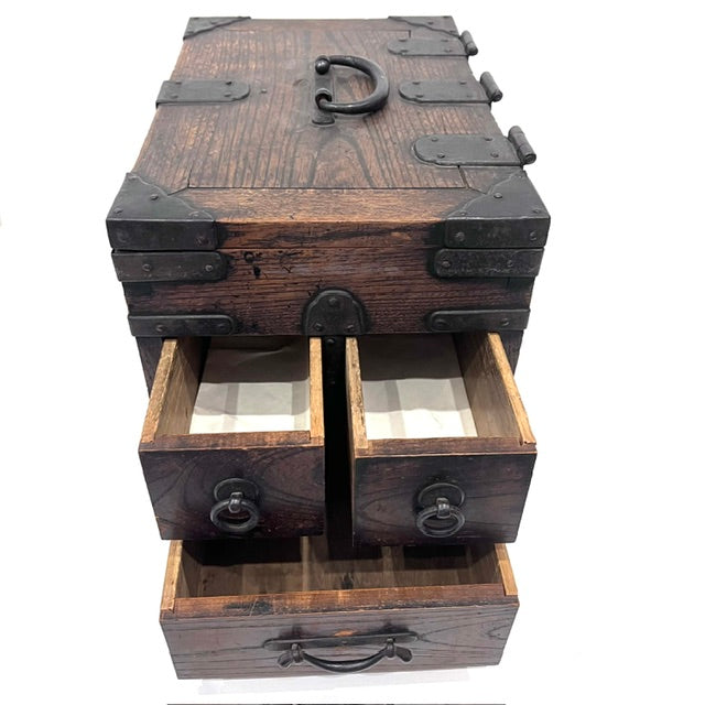 antique-japanese-wooden-document-box with open side drawers