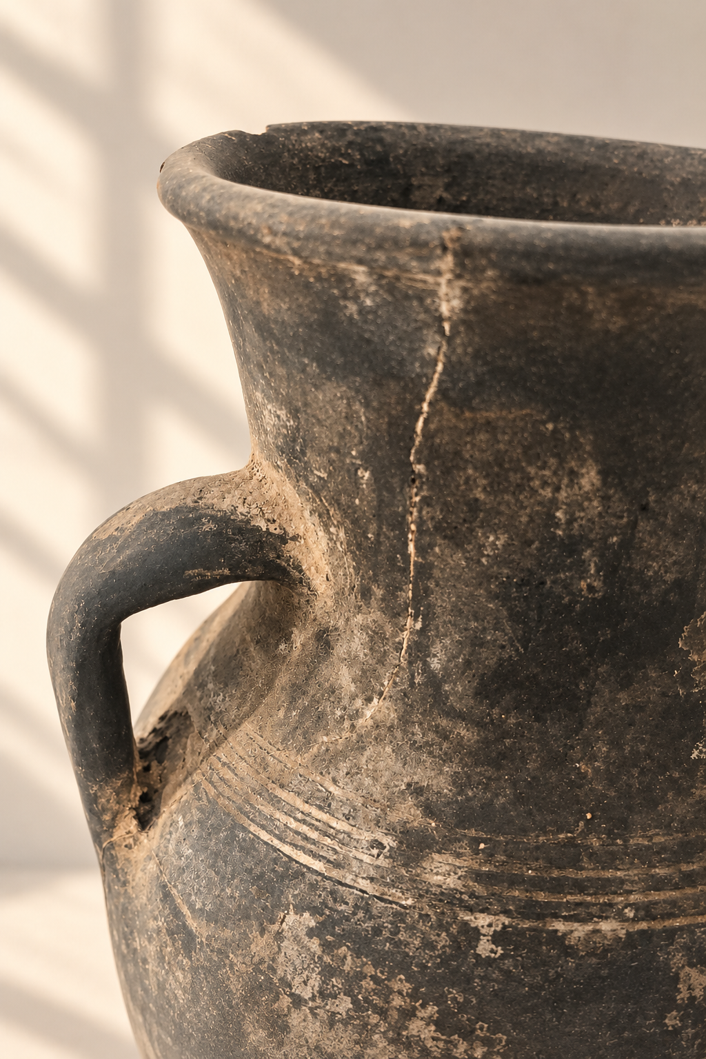 Close-up of the handle on an antique black terracotta vessel, showing its weathered surface and traditional craftsmanship