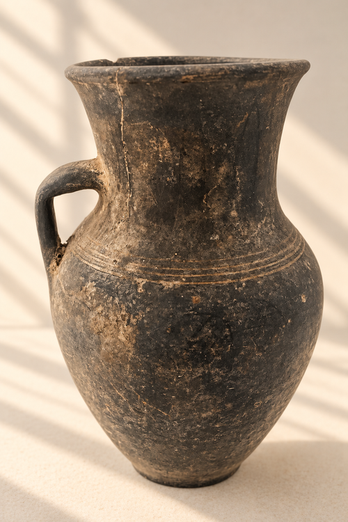 Antique black terracotta vessel styled with olive branches in a warm, rustic living room interior.