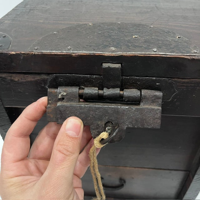Original hand-forged iron locking mechanism on Antique Japanese Zenibako cash box
