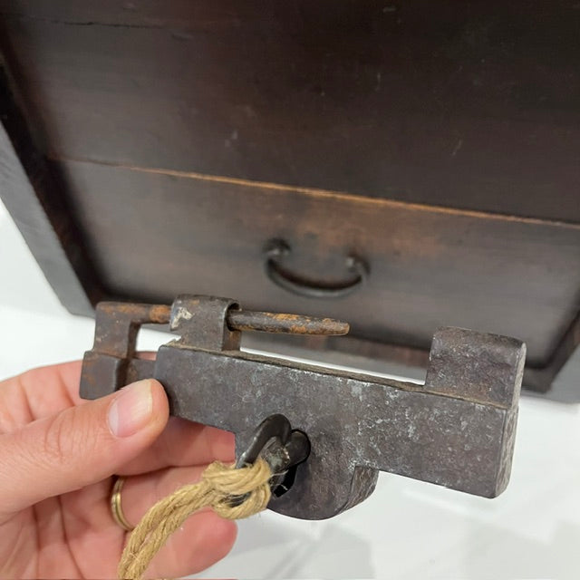 Close up on Original hand-forged iron locking mechanism on Japanese Zenibako cash box