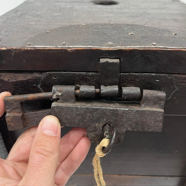 Original hand-forged iron locking mechanism on Japanese Zenibako merchant box