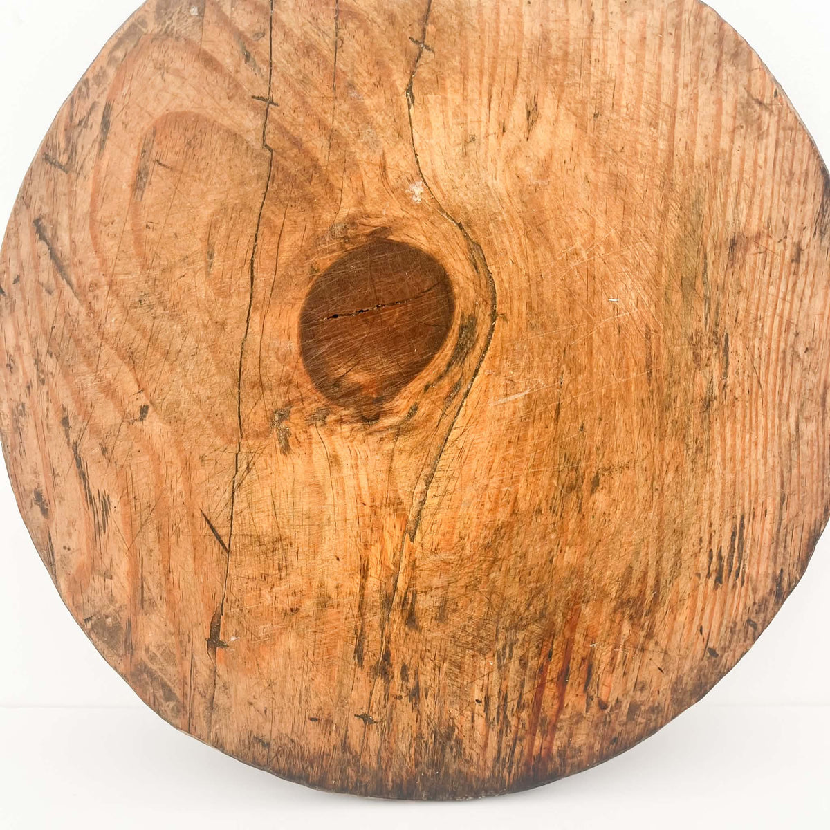 Large 36 cm round antique wooden serving board with a rustic finish, suitable for charcuterie displays and farmhouse decor
