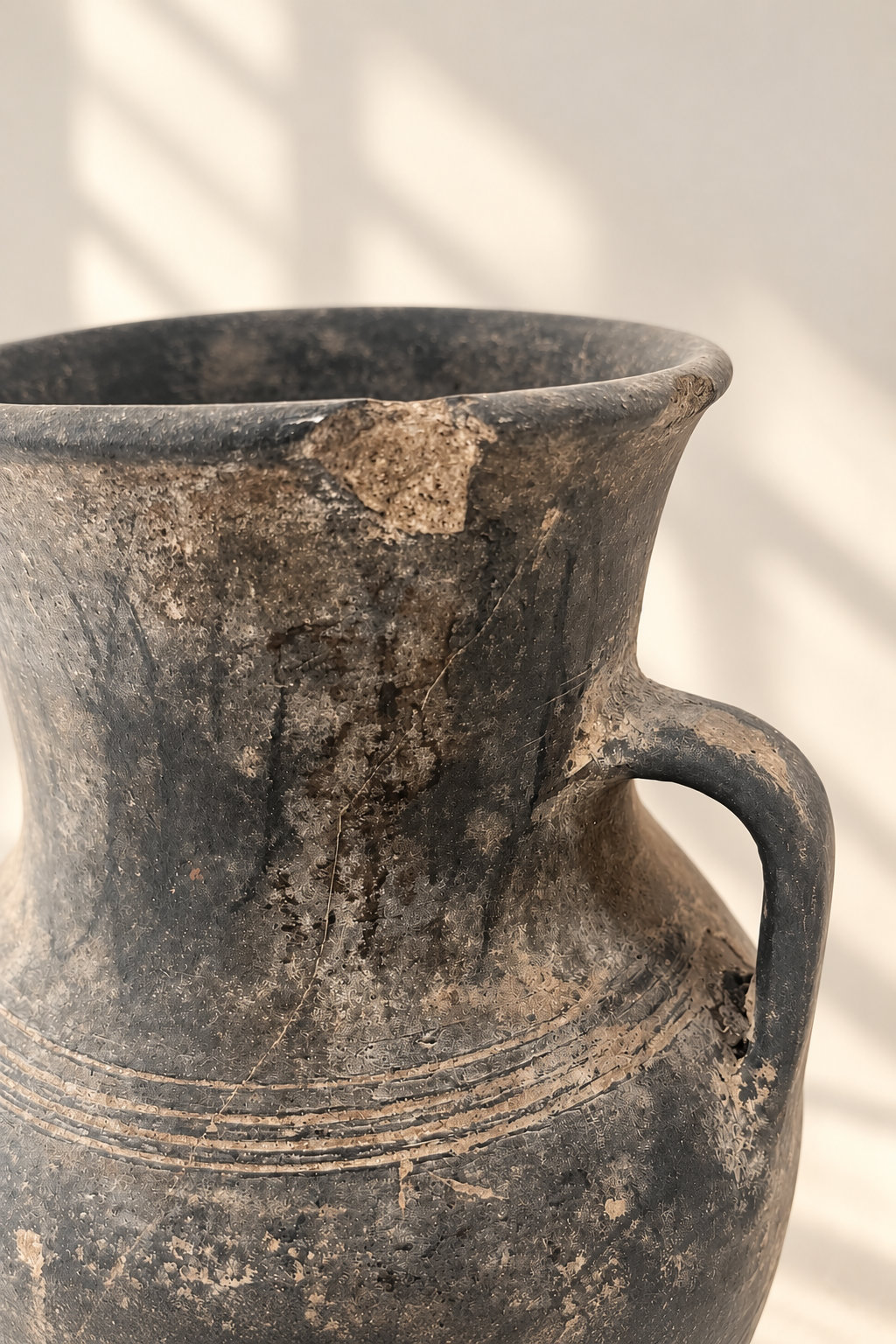 Side view of a 23cm tall antique black terracotta vessel with a single handle, rounded body and decorative incised lines
