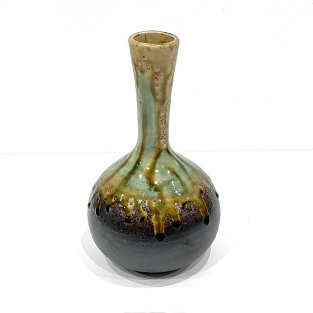 Sansai Japanese Shigaraki ware studio pottery vase with green and brown glaze