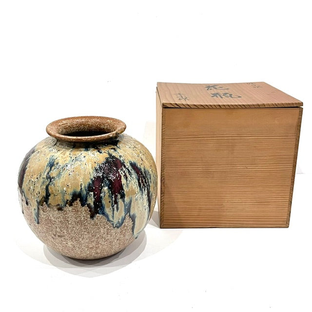 Vintage Shimizu Rokubei VI pottery vase and original wooden presentation box