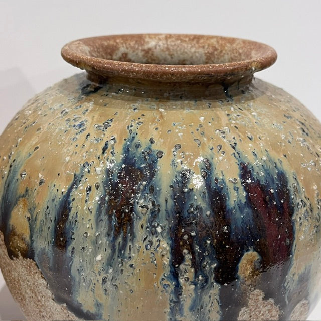 Detail of Sansai three-color drip glaze on Shimizu Rokubei VI pottery vase