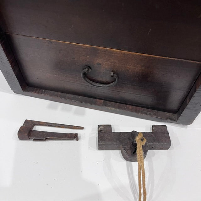 Original hand-forged iron locking mechanism on Japanese Zenibako cash box